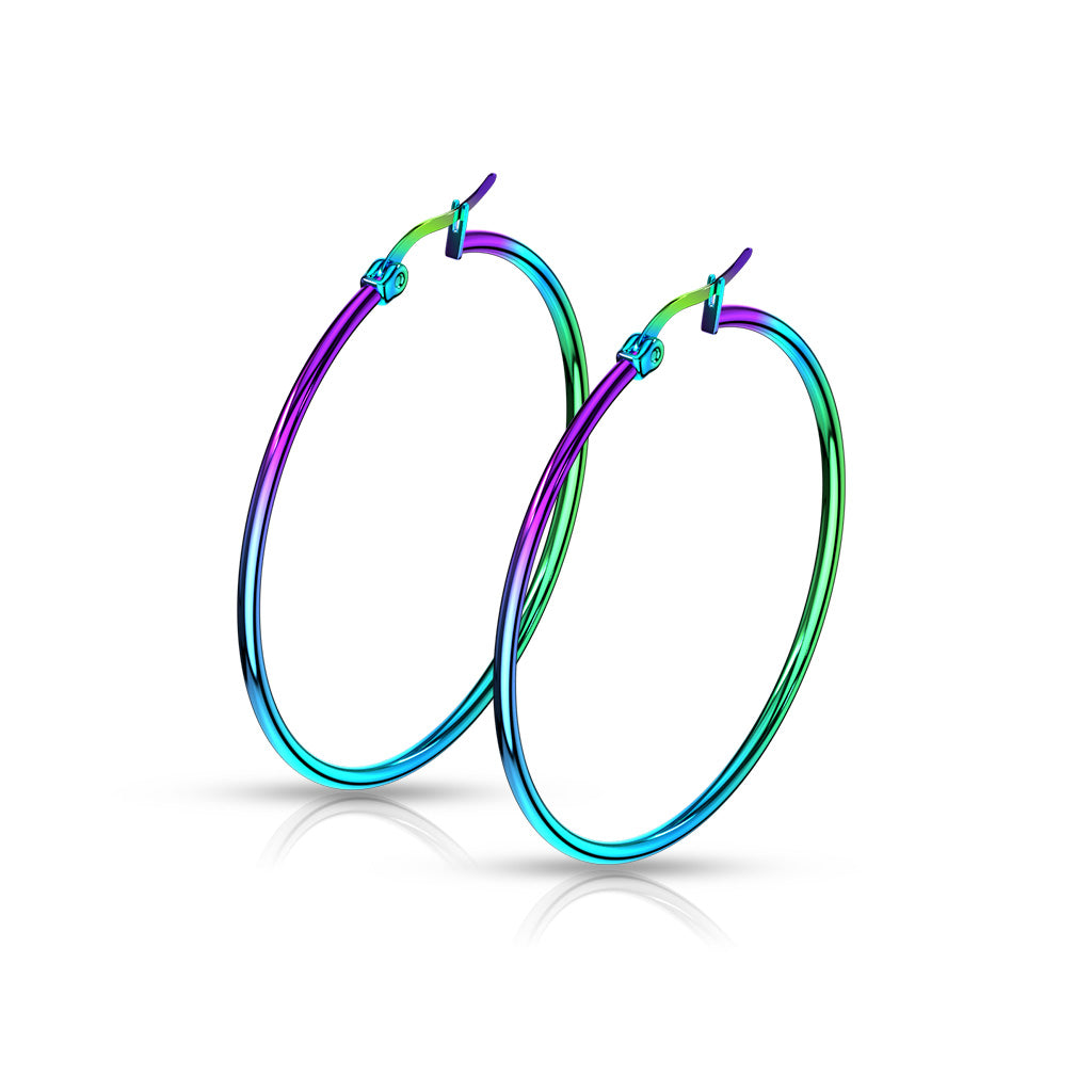 PAIR of Round Hoop Earrings 22g Rainbow Multi-color Ion Plated Stainless Steel