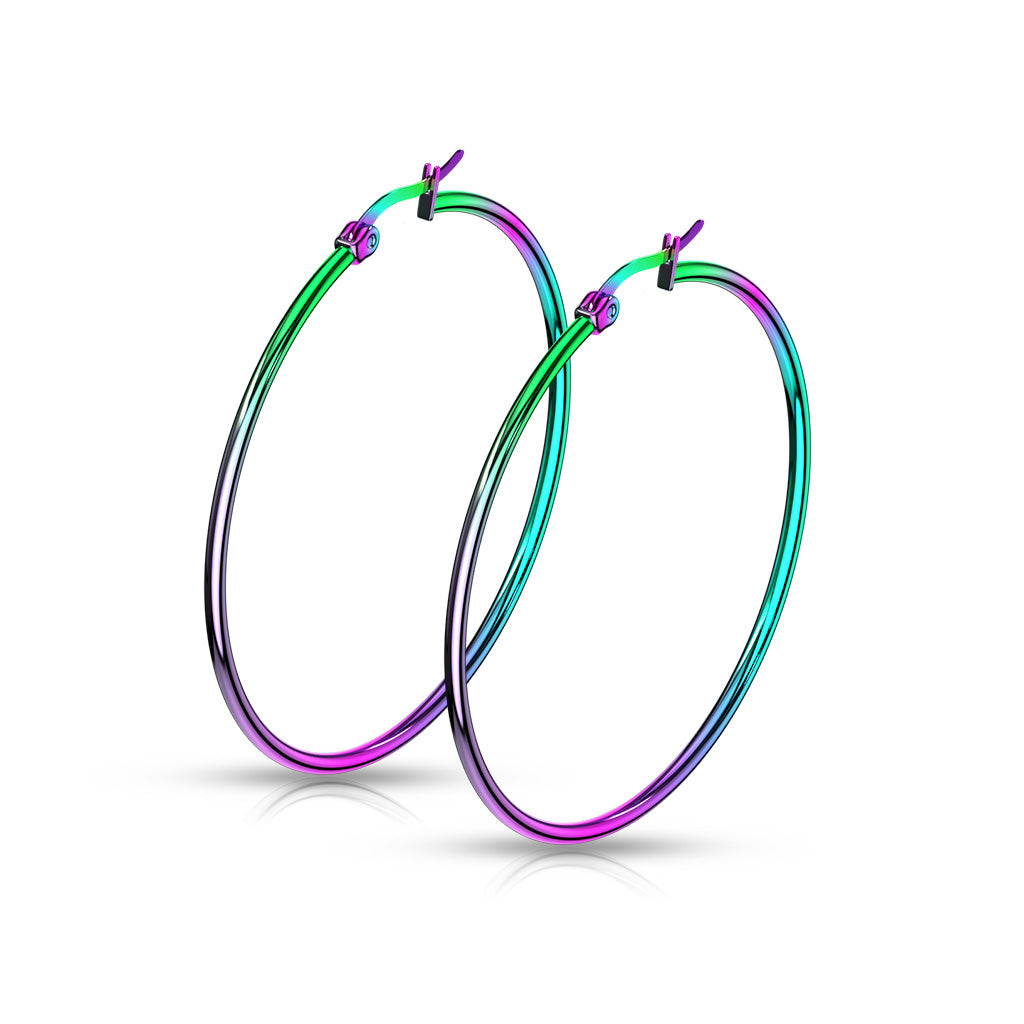PAIR of Round Hoop Earrings 22g Rainbow Multi-color Ion Plated Stainless Steel