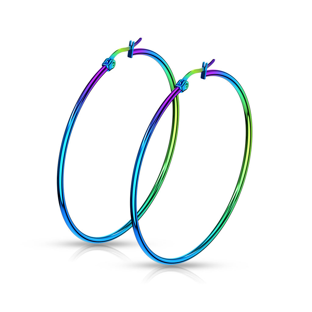 PAIR of Round Hoop Earrings 22g Rainbow Multi-color Ion Plated Stainless Steel