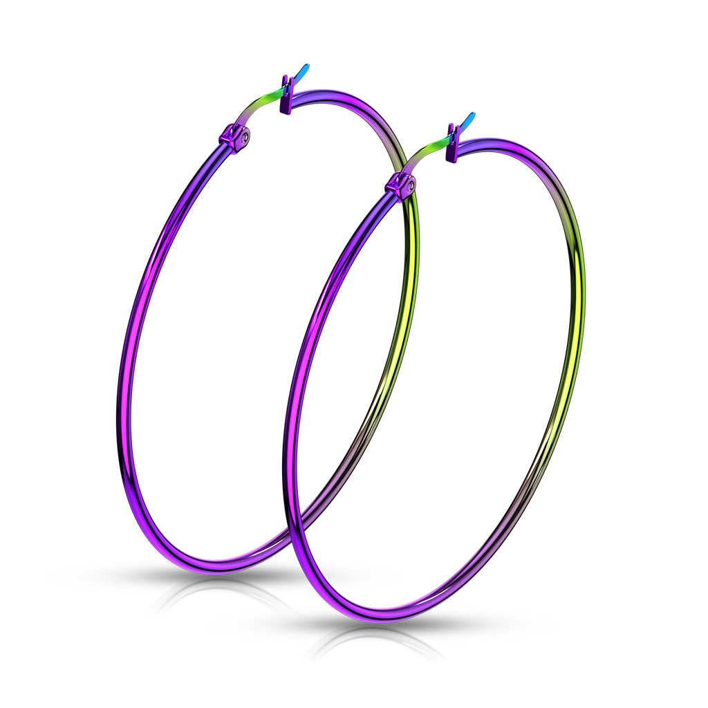 PAIR of Round Hoop Earrings 22g Rainbow Multi-color Ion Plated Stainless Steel