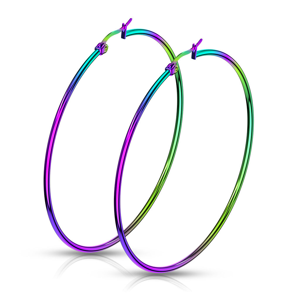 PAIR of Round Hoop Earrings 22g Rainbow Multi-color Ion Plated Stainless Steel