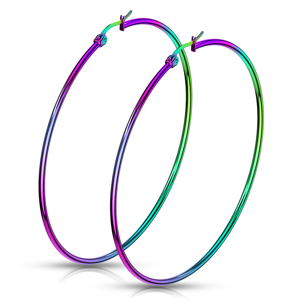 PAIR of Round Hoop Earrings 22g Rainbow Multi-color Ion Plated Stainless Steel