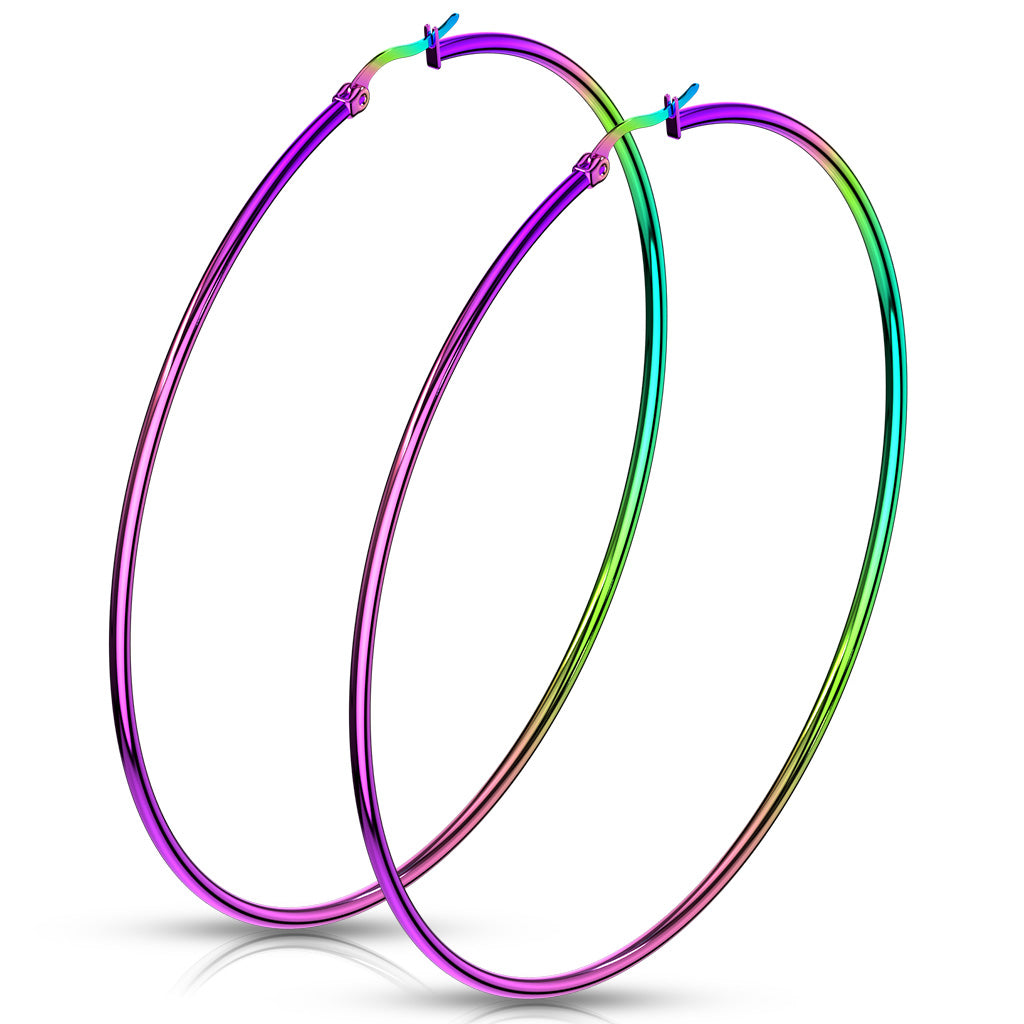 PAIR of Round Hoop Earrings 22g Rainbow Multi-color Ion Plated Stainless Steel