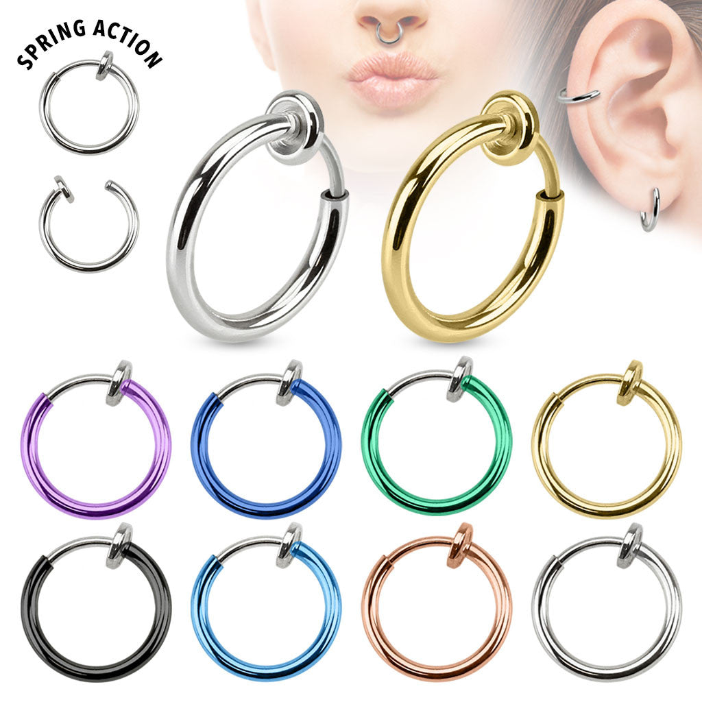 8pcs Spring Action Fake Faux Septum, Nose Hoop, Lip Ring, Earring