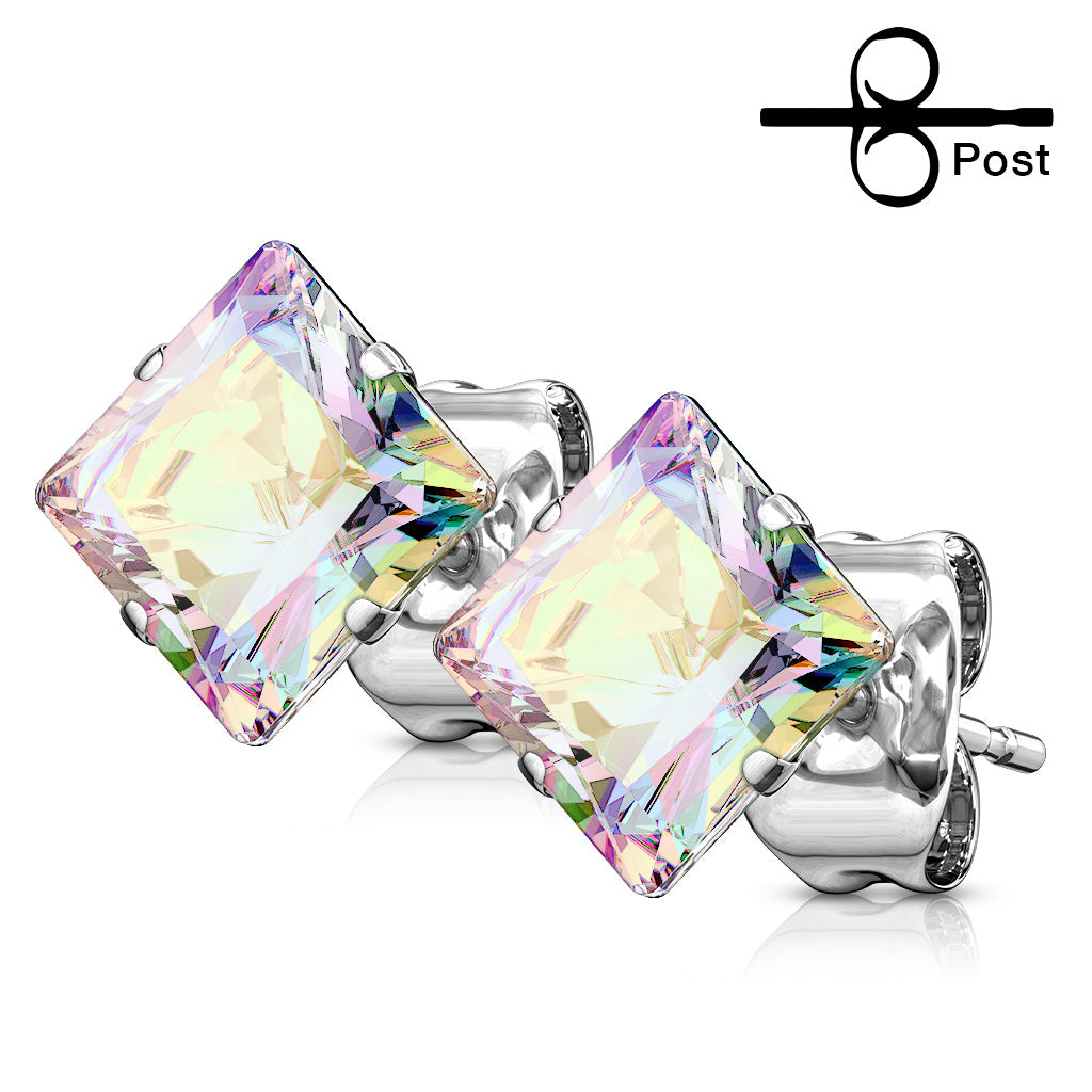 PAIR 316L Surgical Steel Square CZ Gem Stud Earrings