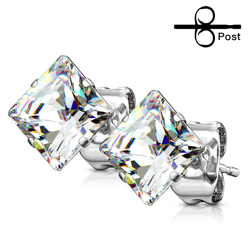 PAIR 316L Surgical Steel Square CZ Gem Stud Earrings