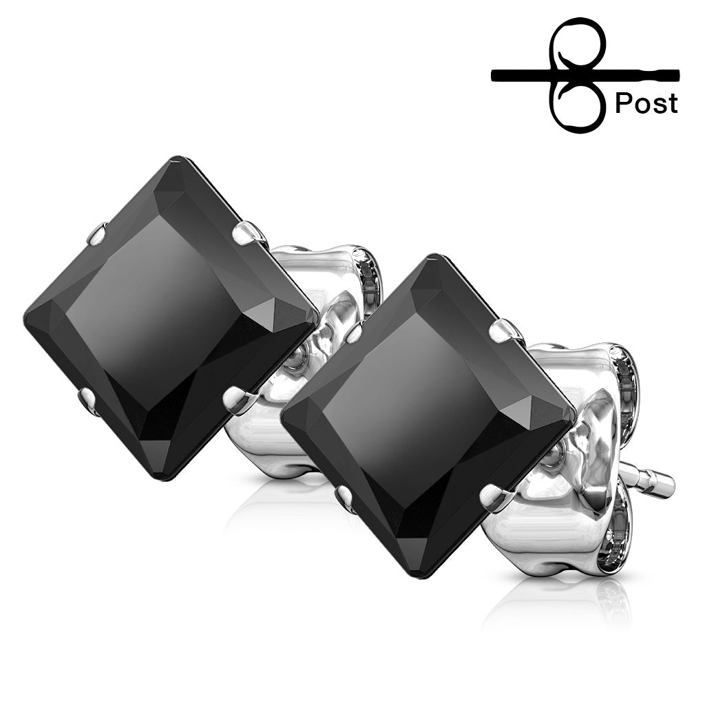 PAIR 316L Surgical Steel Square CZ Gem Stud Earrings