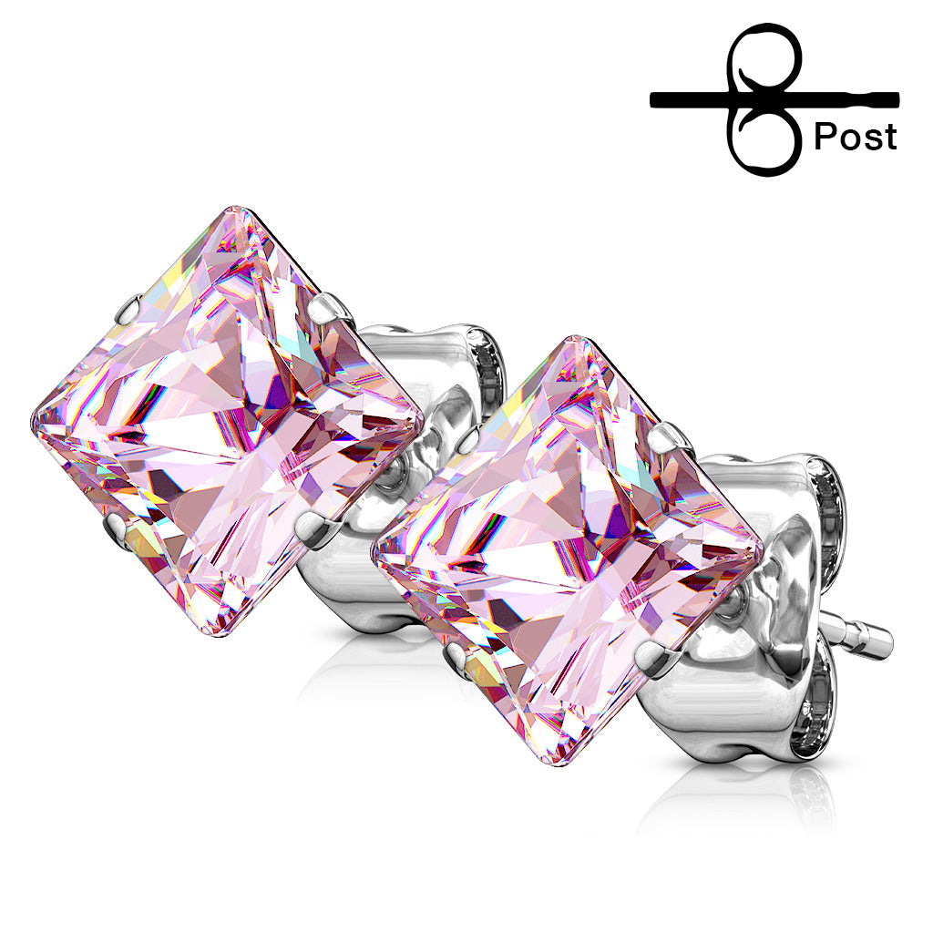 PAIR 316L Surgical Steel Square CZ Gem Stud Earrings