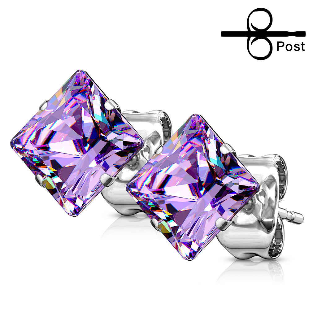 PAIR 316L Surgical Steel Square CZ Gem Stud Earrings