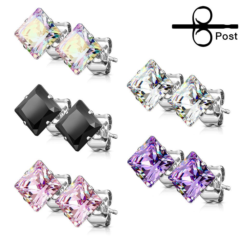 PAIR 316L Surgical Steel Square CZ Gem Stud Earrings