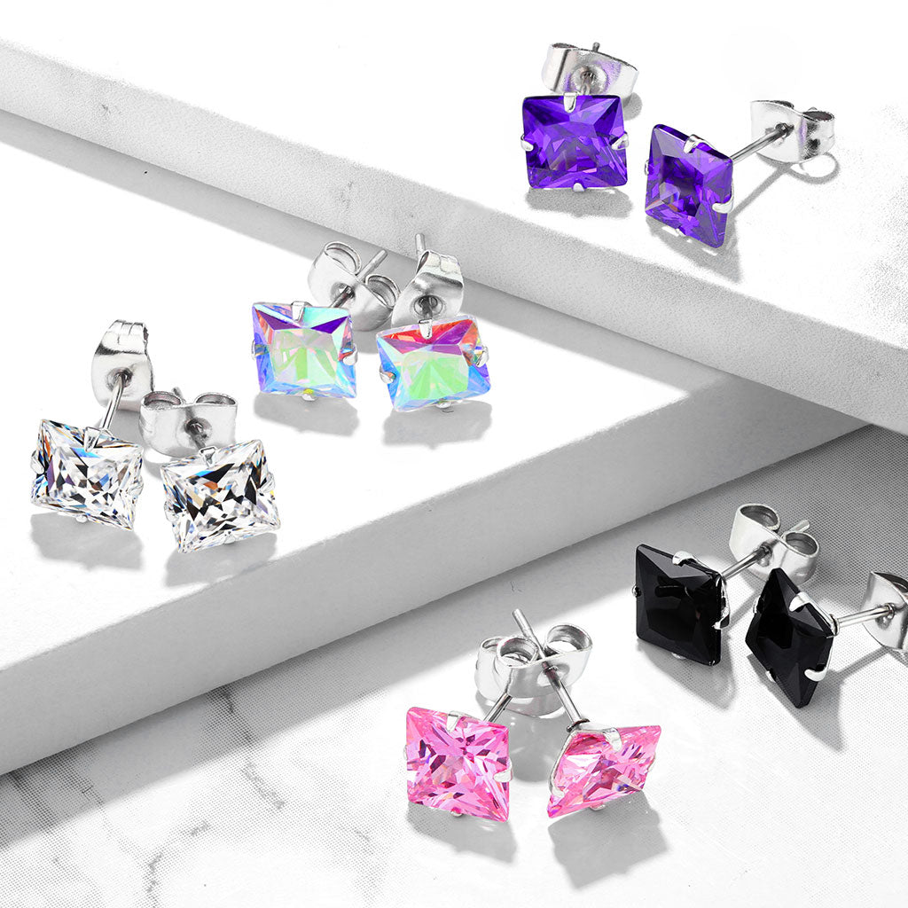 PAIR 316L Surgical Steel Square CZ Gem Stud Earrings
