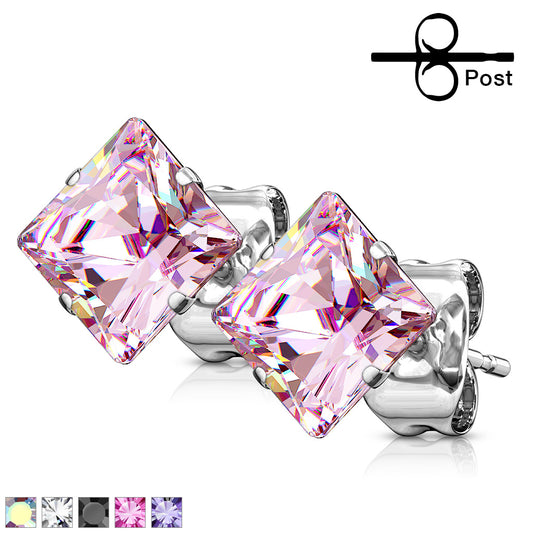 PAIR 316L Surgical Steel Square CZ Gem Stud Earrings