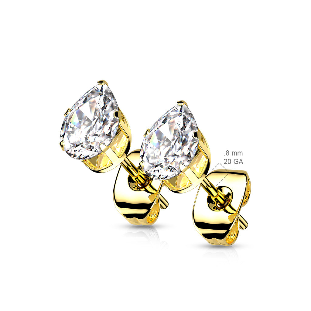 PAIR Tear drop CZ Gem Stud Earrings Teardrop Pear Steel, choose color & gem size