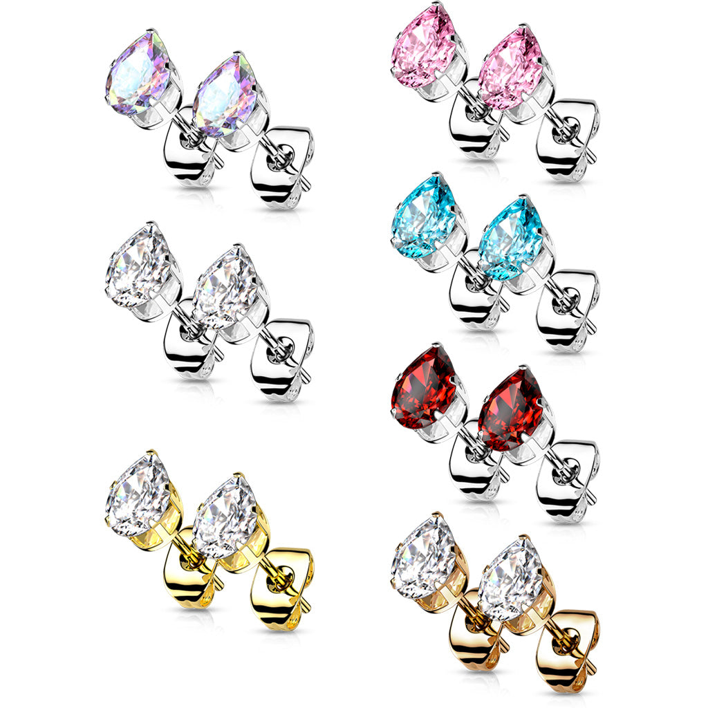 PAIR Tear drop CZ Gem Stud Earrings Teardrop Pear Steel, choose color & gem size