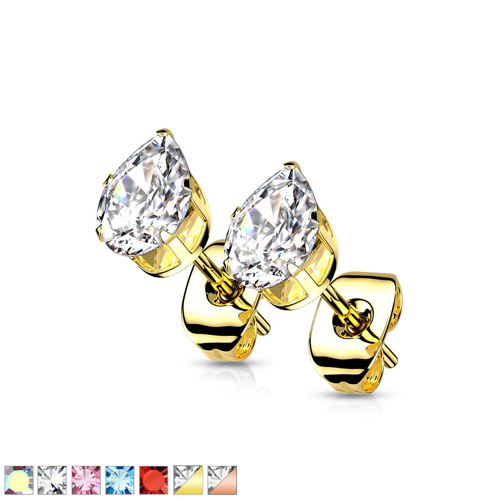 PAIR Tear drop CZ Gem Stud Earrings Teardrop Pear Steel, choose color & gem size