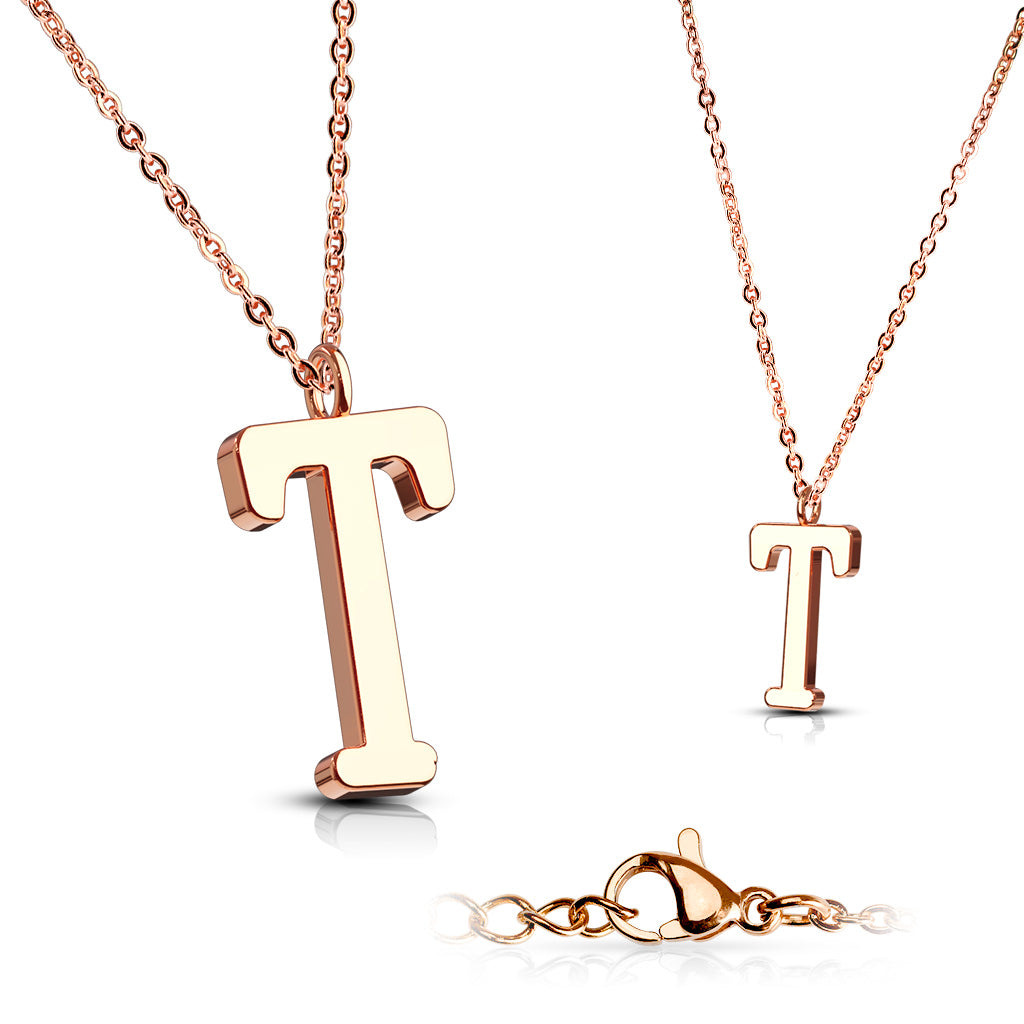 Alphabet Initial Necklace w/ Rose Gold IP 316L Stainless Steel Pendant