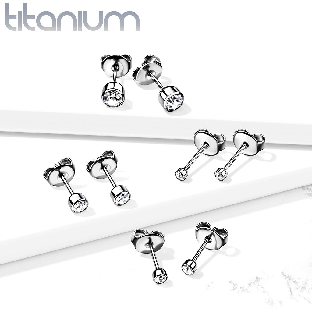 PAIR Bezel Set CZ Gem Stud Earrings 6AL-4VELI ASTM F-136 Implant Grade Titanium