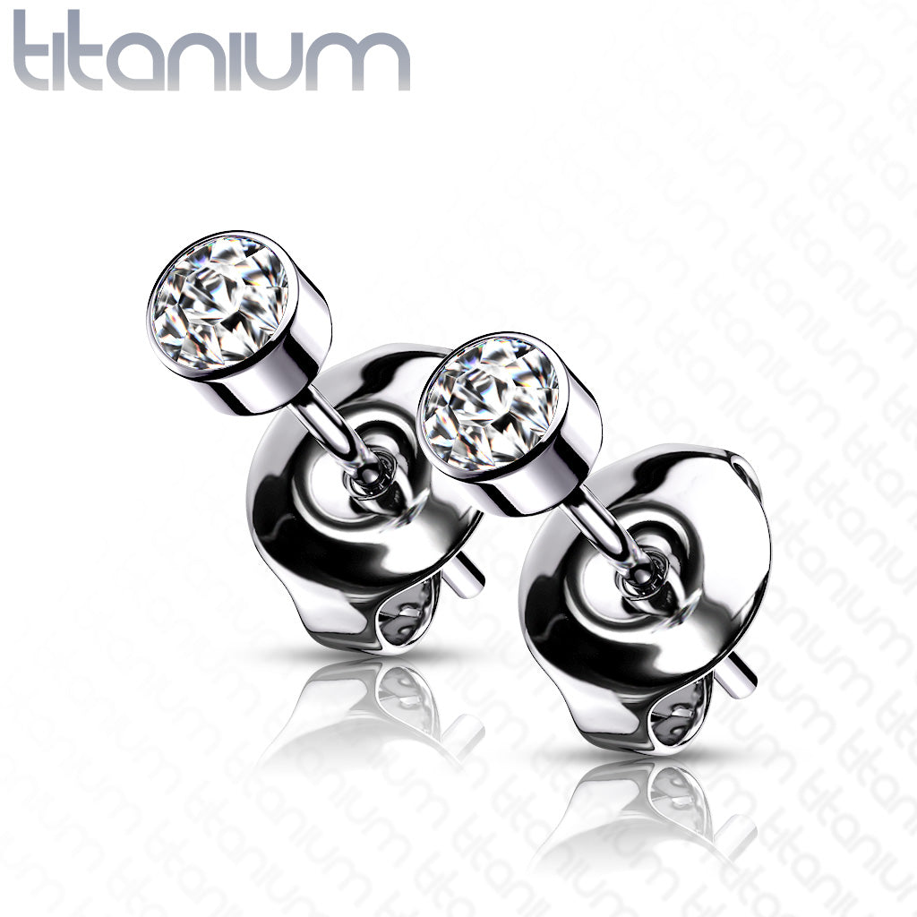 PAIR Bezel Set CZ Gem Stud Earrings 6AL-4VELI ASTM F-136 Implant Grade Titanium