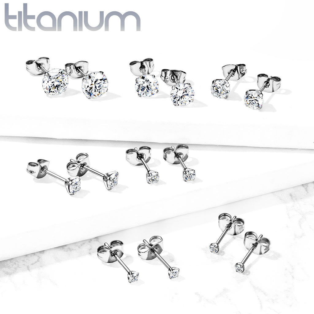 PAIR Prong Set CZ Gem Stud Earrings 6AL-4VELI ASTM F-136 Implant Grade Titanium