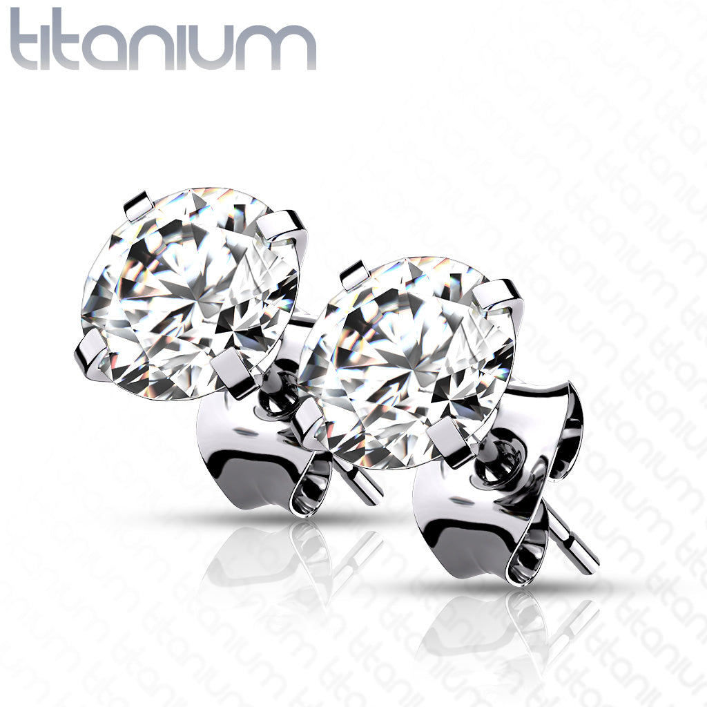 PAIR Prong Set CZ Gem Stud Earrings 6AL-4VELI ASTM F-136 Implant Grade Titanium