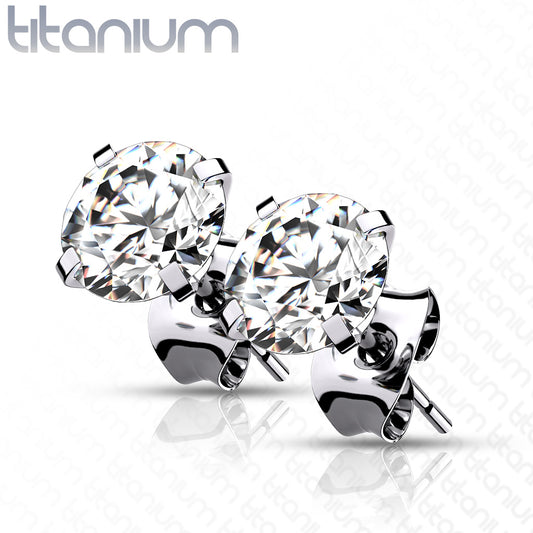 PAIR Prong Set CZ Gem Stud Earrings 6AL-4VELI ASTM F-136 Implant Grade Titanium
