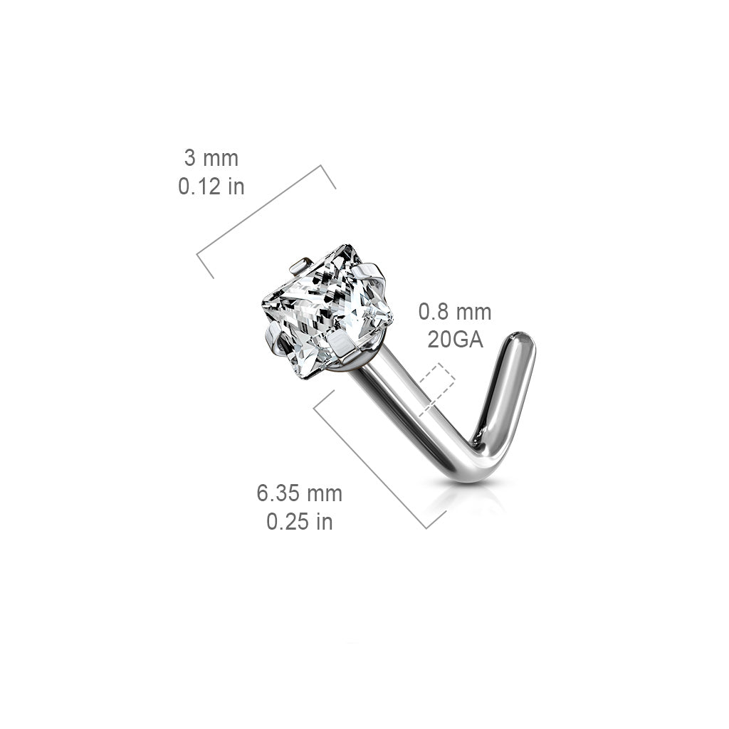 10pcs Implant Grade Titanium Prong Set Square CZ Gem L-Bend Nose Ring Stud Screw