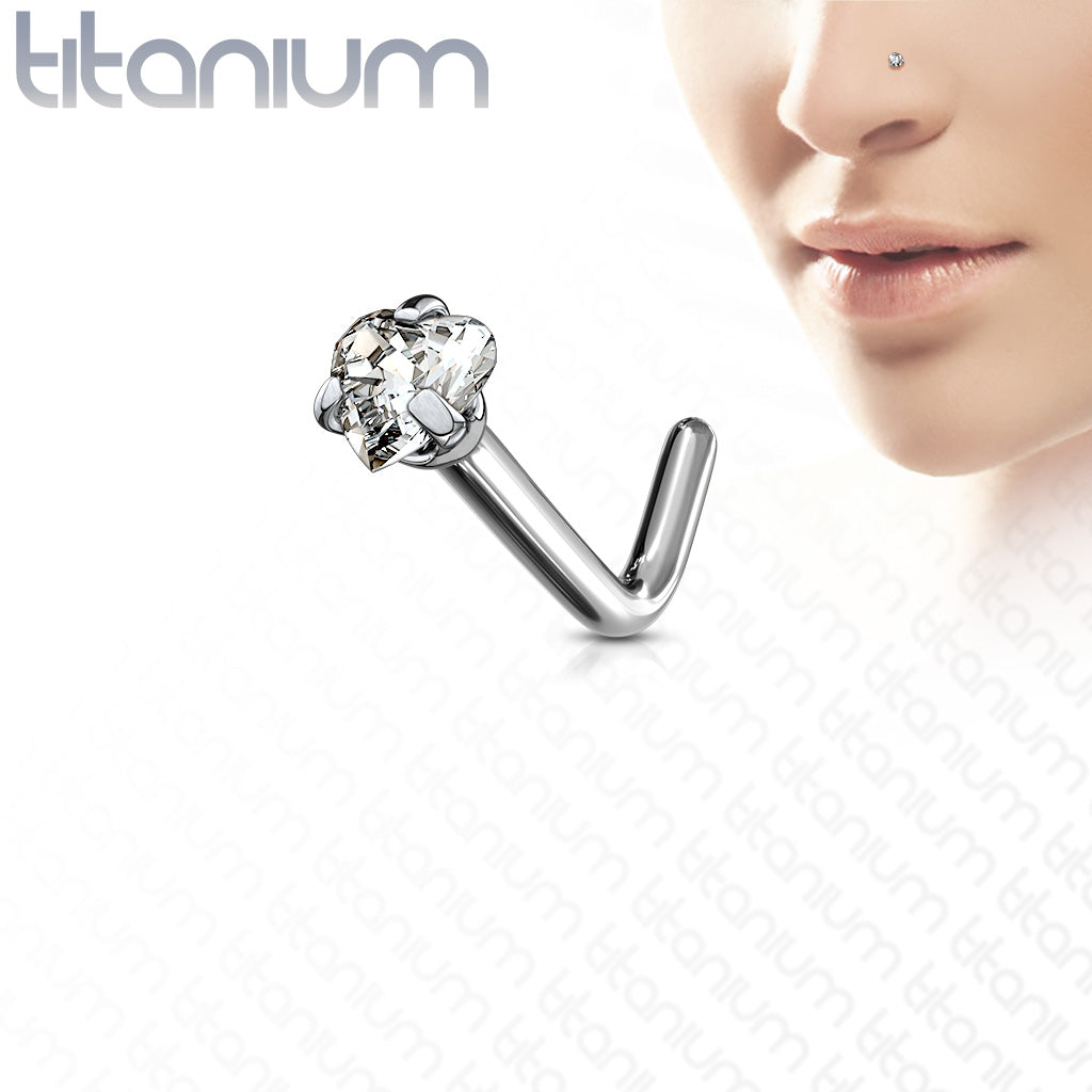 10pcs Implant Grade Titanium Prong Set Heart CZ Gem L-Bend Nose Ring Stud Screw