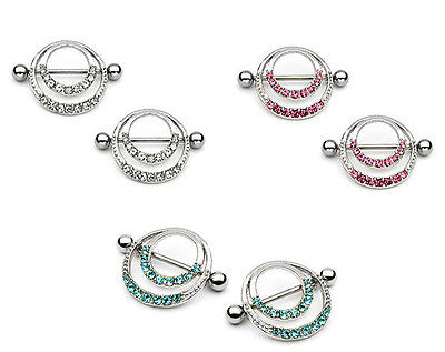 PAIR Double Hoop Gem Nipple Rings Shields - Only Clear Left In Stock