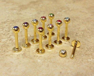 10pcs - 24kt Gold Plated Gem Labrets - 10pcs