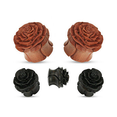 PAIR Rose in Bloom Organic Sawo or Areng Wood Plugs