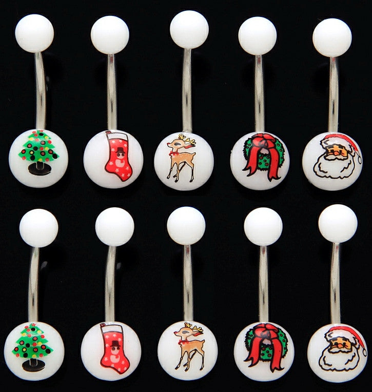 30pcs Christmas Holiday Print UV Acrylic 14g Belly Rings