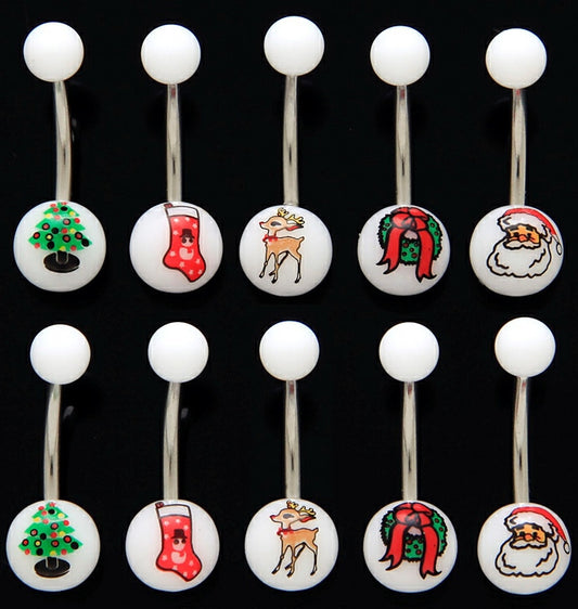 30pcs Christmas Holiday Print UV Acrylic 14g Belly Rings