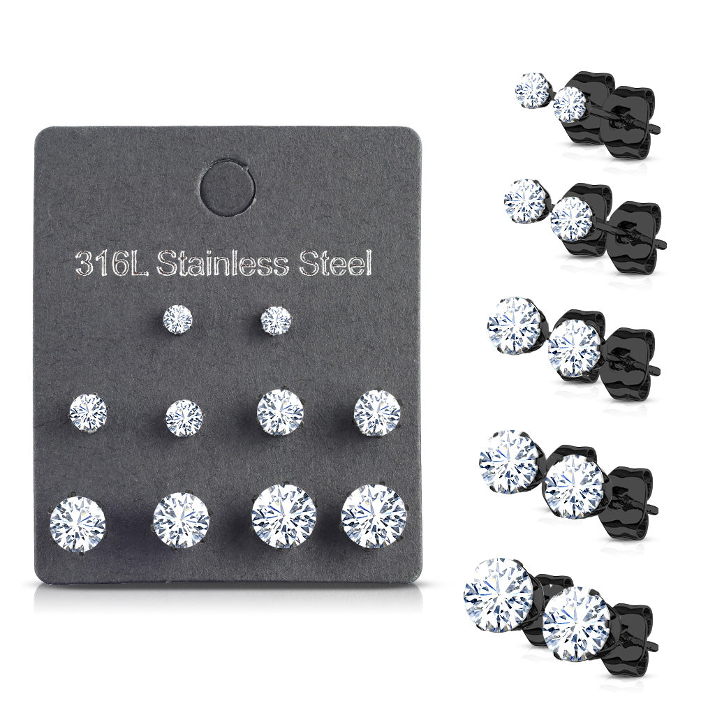 5 PAIR CZ Gem Stud Earrings 316L Stainless Steel retail / display peggable card