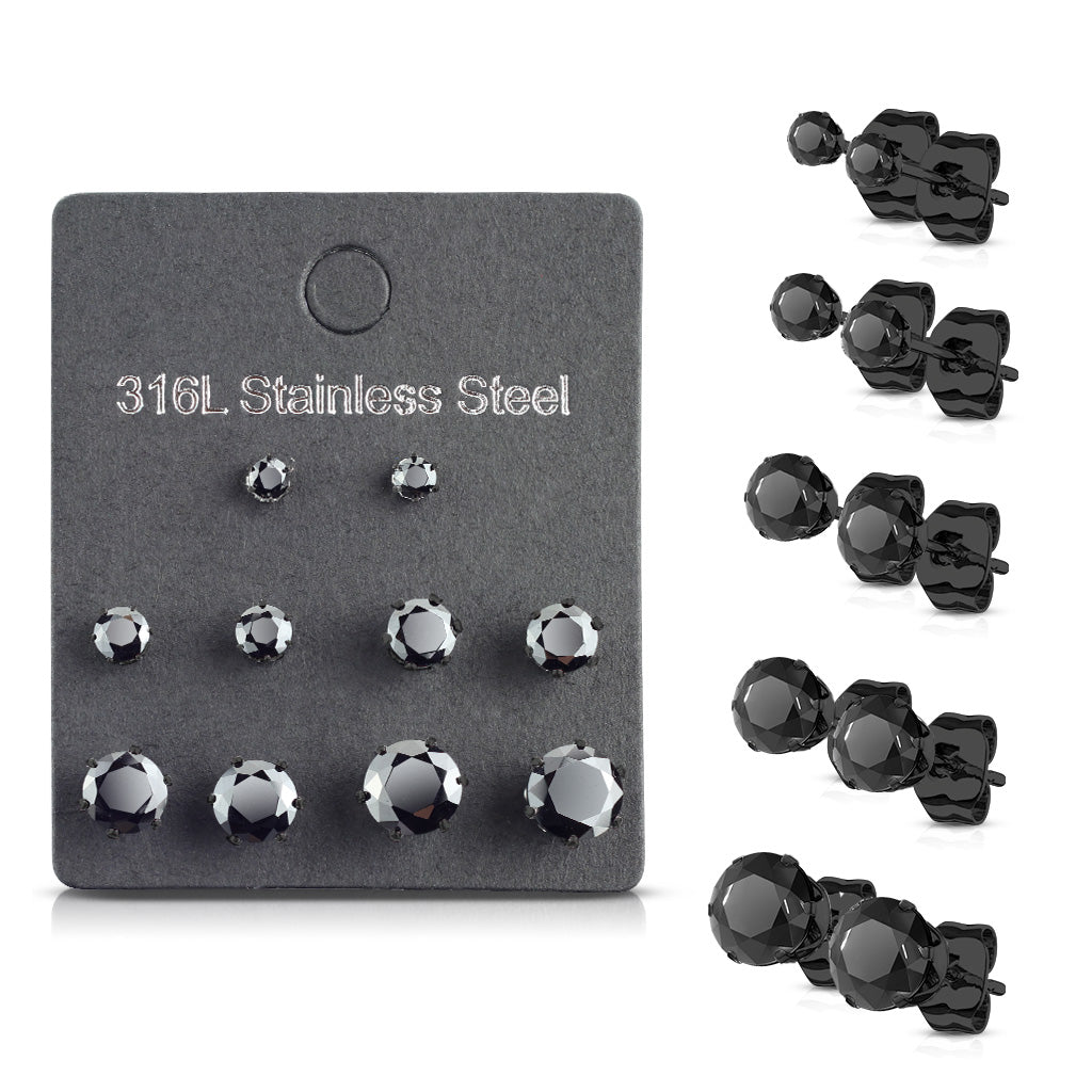 5 PAIR CZ Gem Stud Earrings 316L Stainless Steel retail / display peggable card