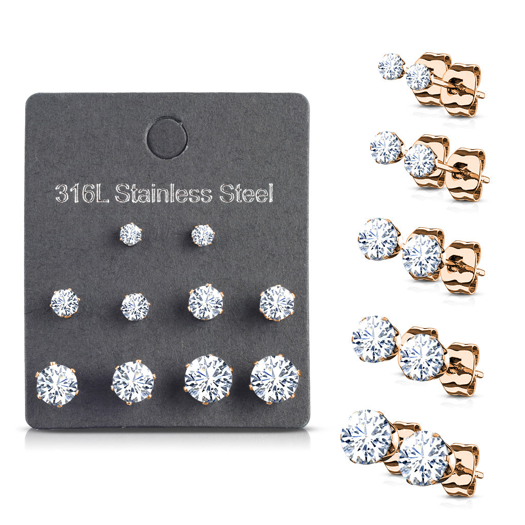 5 PAIR CZ Gem Stud Earrings 316L Stainless Steel retail / display peggable card