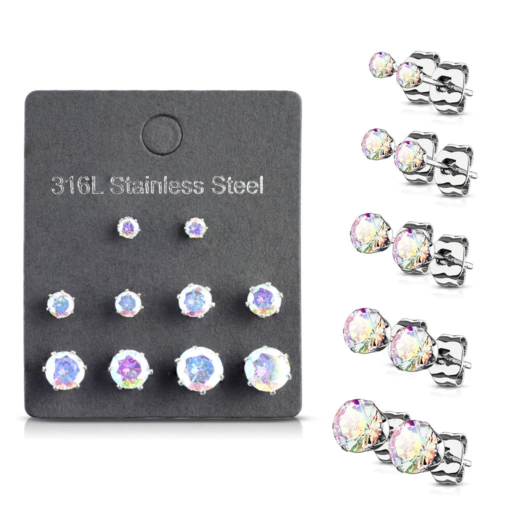 5 PAIR CZ Gem Stud Earrings 316L Stainless Steel retail / display peggable card