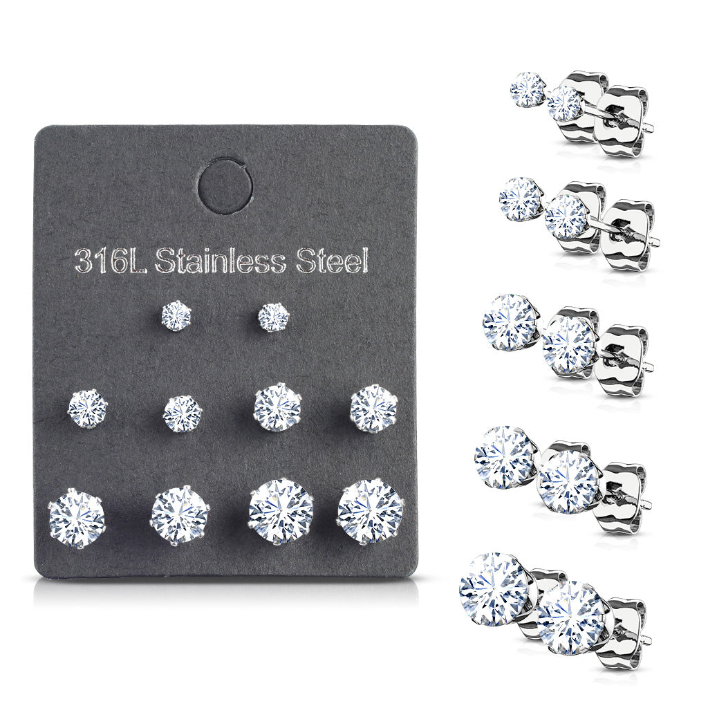 5 PAIR CZ Gem Stud Earrings 316L Stainless Steel retail / display peggable card