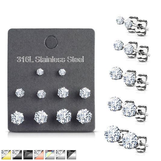 5 PAIR CZ Gem Stud Earrings 316L Stainless Steel retail / display peggable card