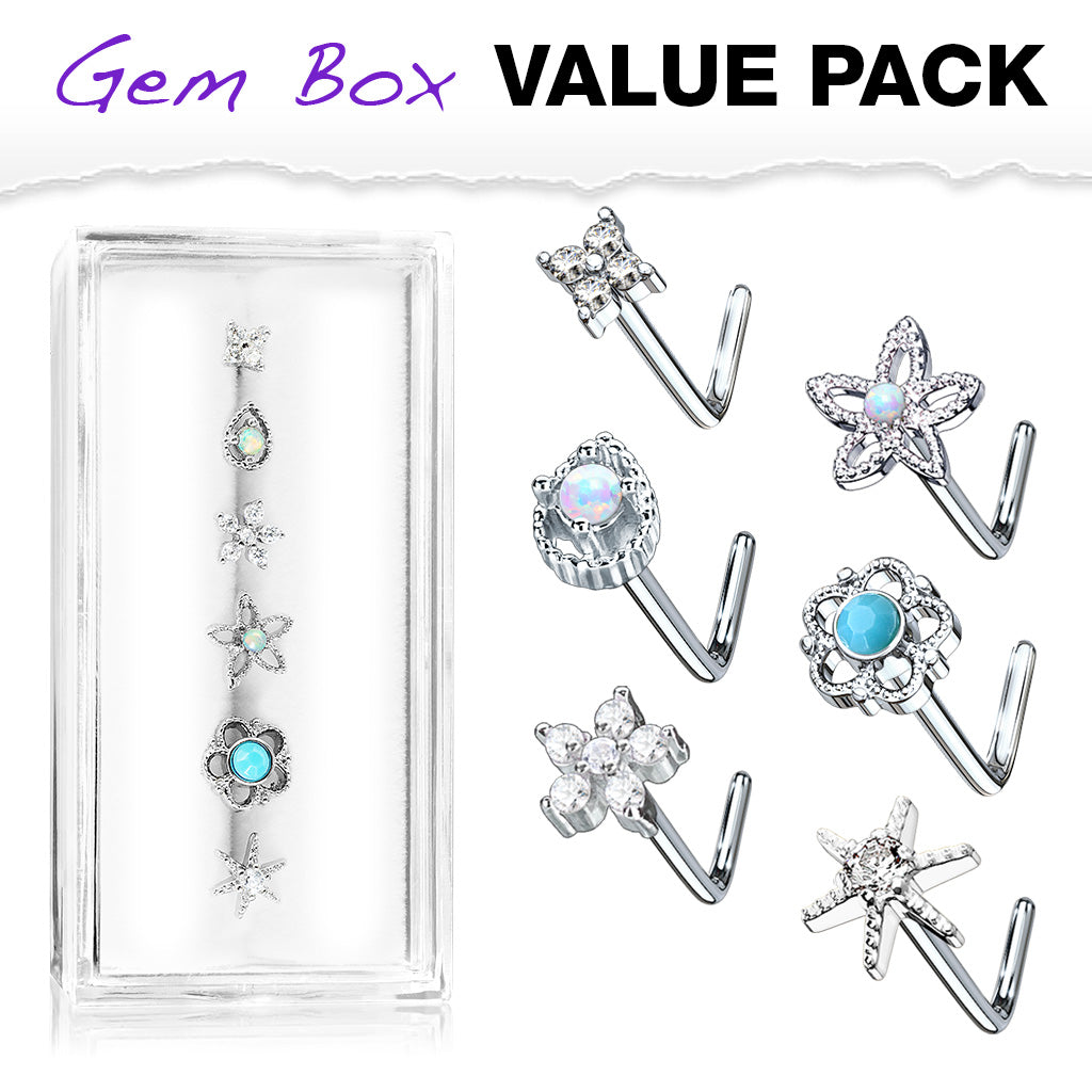 6pc Box Value Pack Opal / Turquoise / CZ Gem Shapes 20g Steel L-Bend Nose Rings