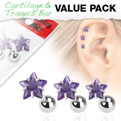 3pc Value Pack Prong Set Star Gem Tragus Ring 16g 1/4"