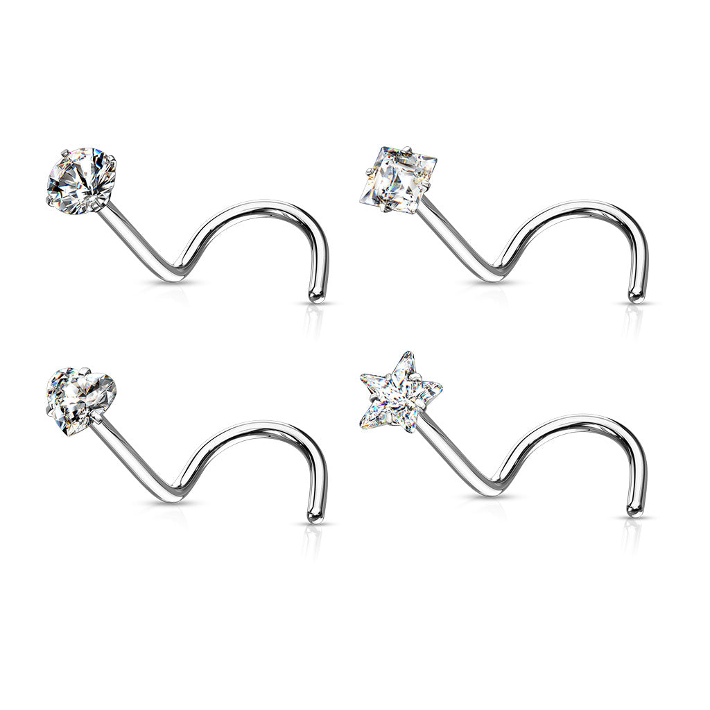 4pc Value Pack Prong Set Shaped Gem Steel Nose Screw Rings - choose 18g or 20g
