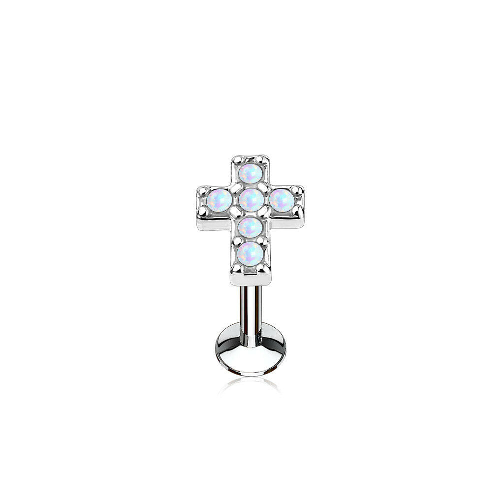 1pc Opal Cross Steel Labret Stud 16g Internally Threaded Helix Daith Tragus Monroe