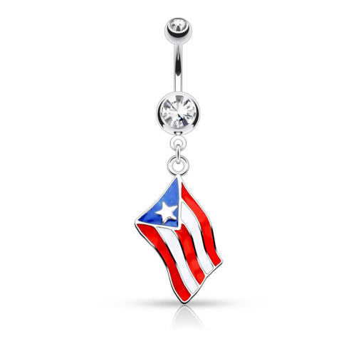 Flag Belly Ring 316L Surgical Steel Pierced Navel Naval Patriotic Country CZ Gem
