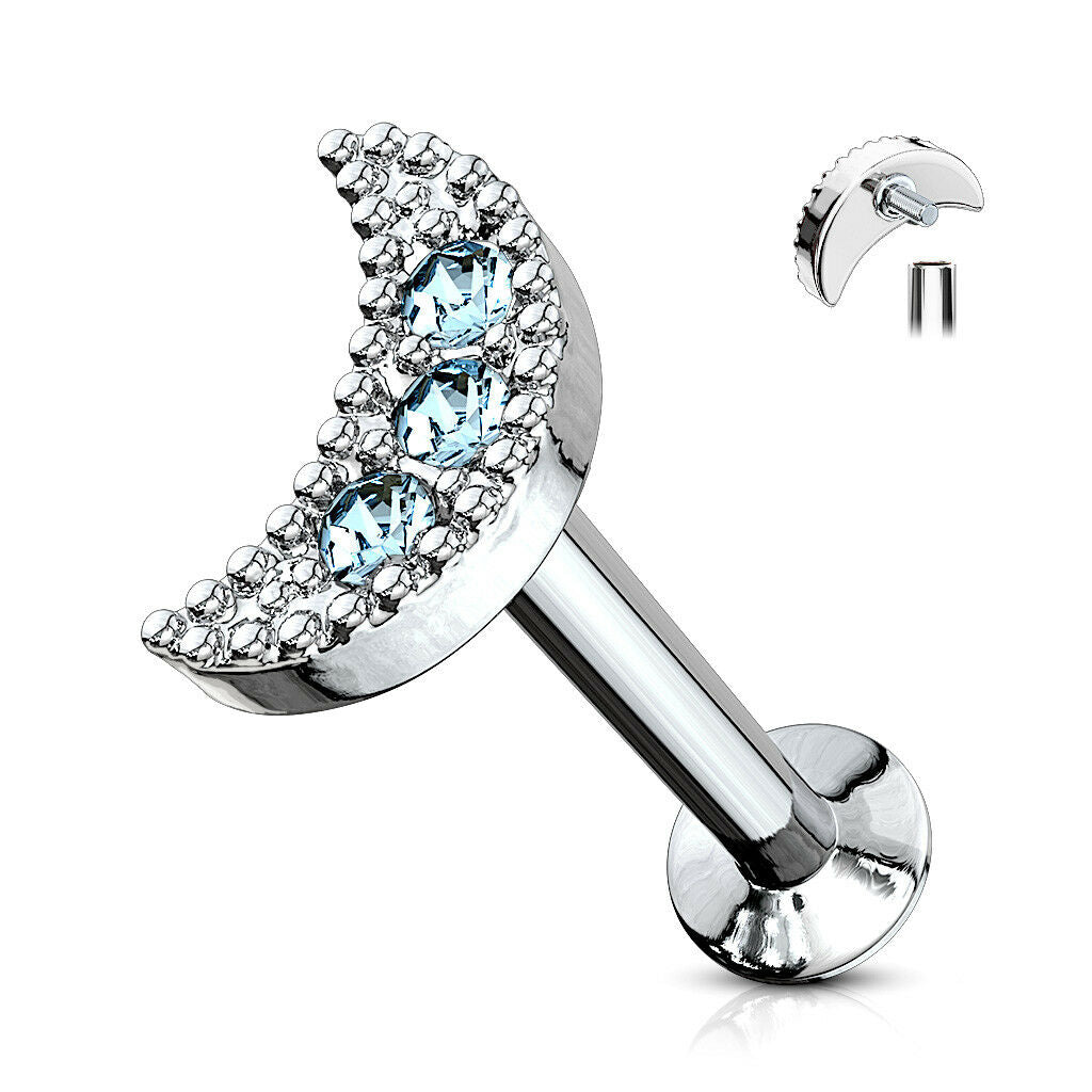 1pc CZ Crescent Moon 16g Internally Threaded 1/4" or 5/16" Steel Labret Monroe