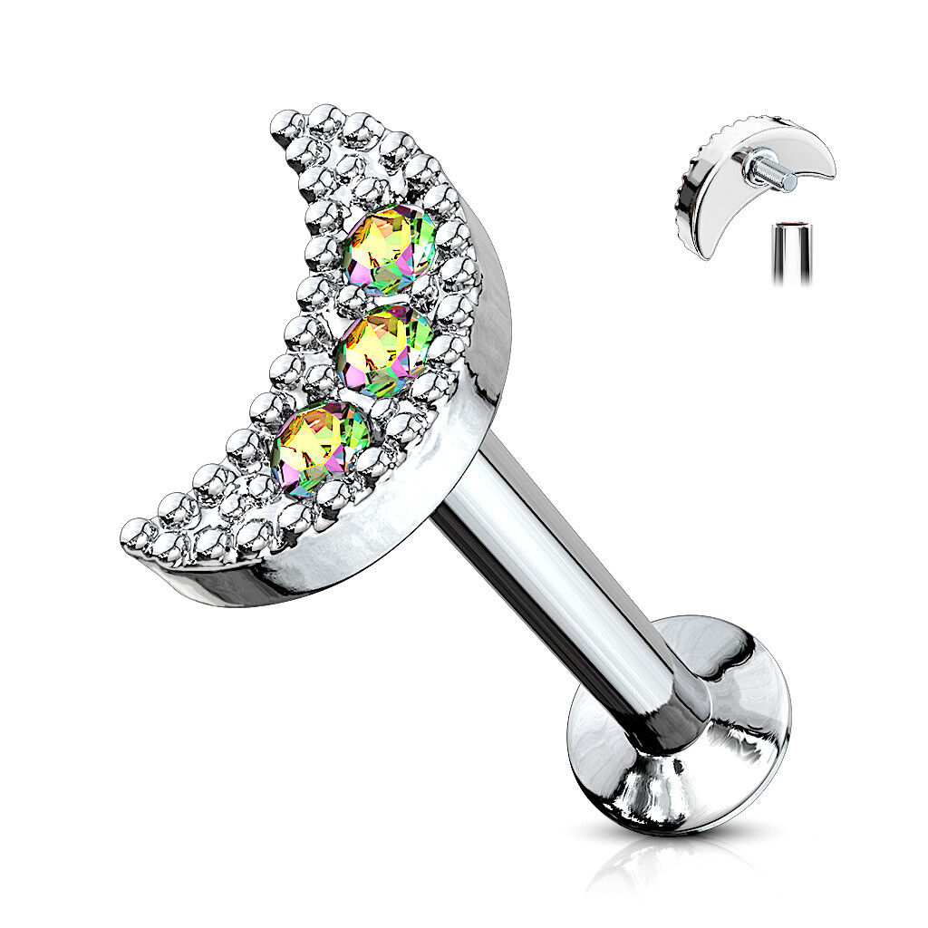 1pc CZ Crescent Moon 16g Internally Threaded 1/4" or 5/16" Steel Labret Monroe