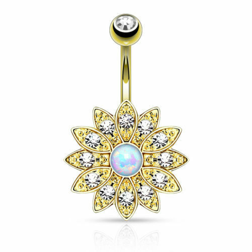 Paved Gems Flower Opal Belly Button Ring Pierced Navel IP 14kt Gold, Rose Gold