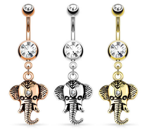 1pc Elephant Dangle Double CZ Gem Belly Ring Pierced Navel Naval