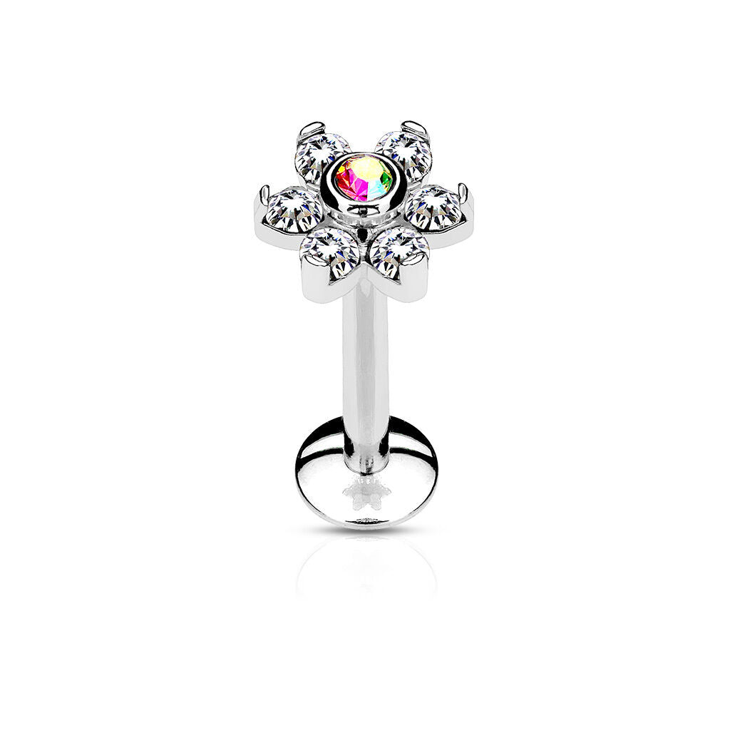 1pc Six Gem Flower 16g Internally Threaded 1/4" or 5/16" Steel Labret Monroe