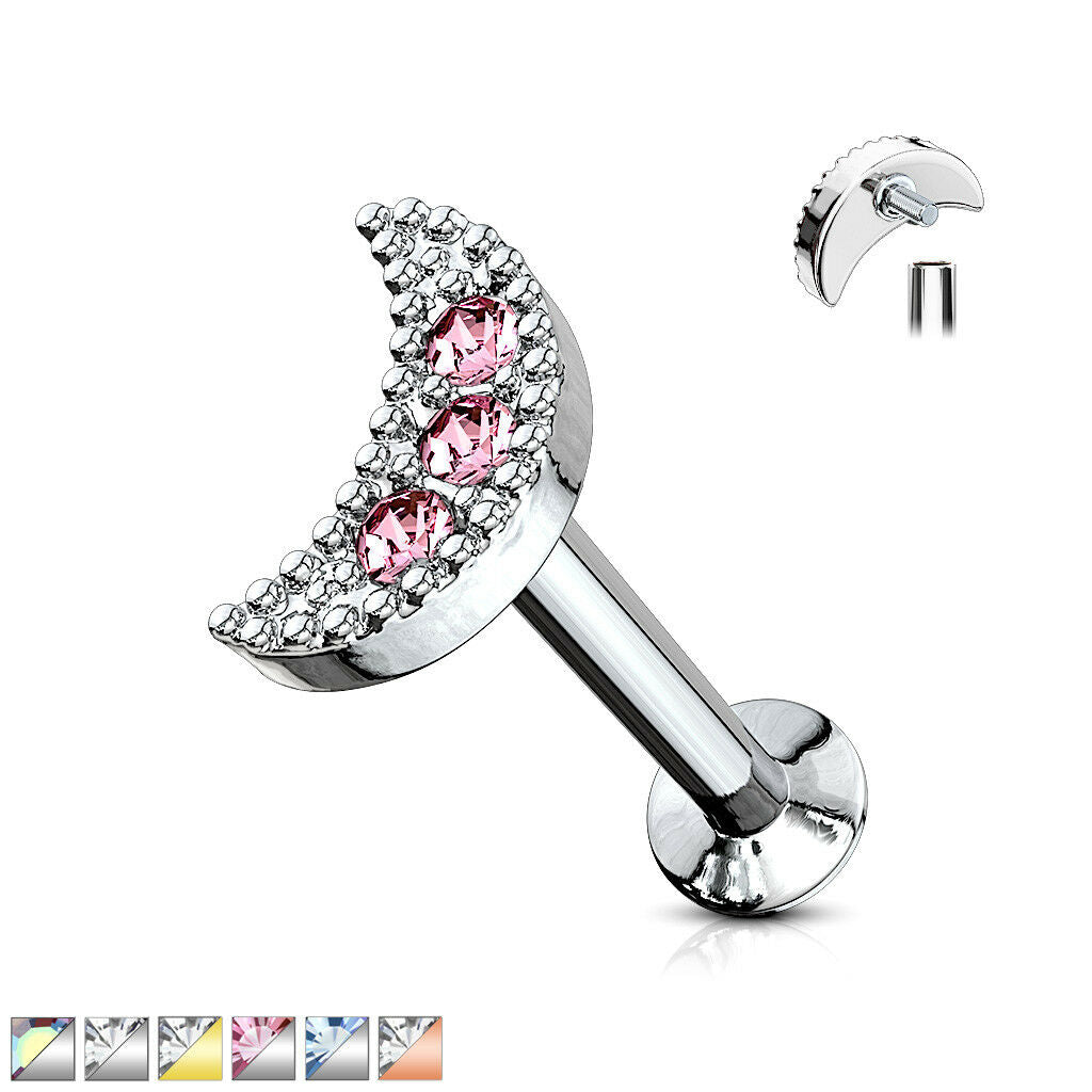 1pc CZ Crescent Moon 16g Internally Threaded 1/4" or 5/16" Steel Labret Monroe