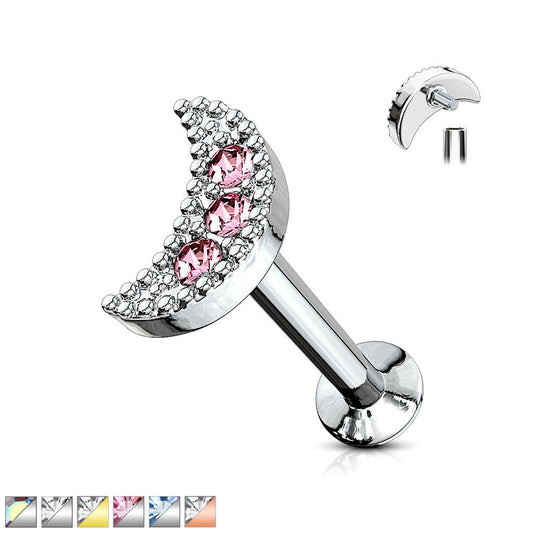 1pc CZ Crescent Moon 16g Internally Threaded 1/4" or 5/16" Steel Labret Monroe